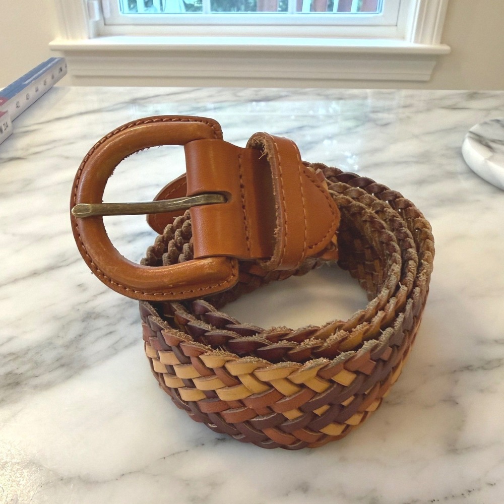 Madewell Womens Brown Multi Woven Braided Leather Belt Size M/L Brass Buckle